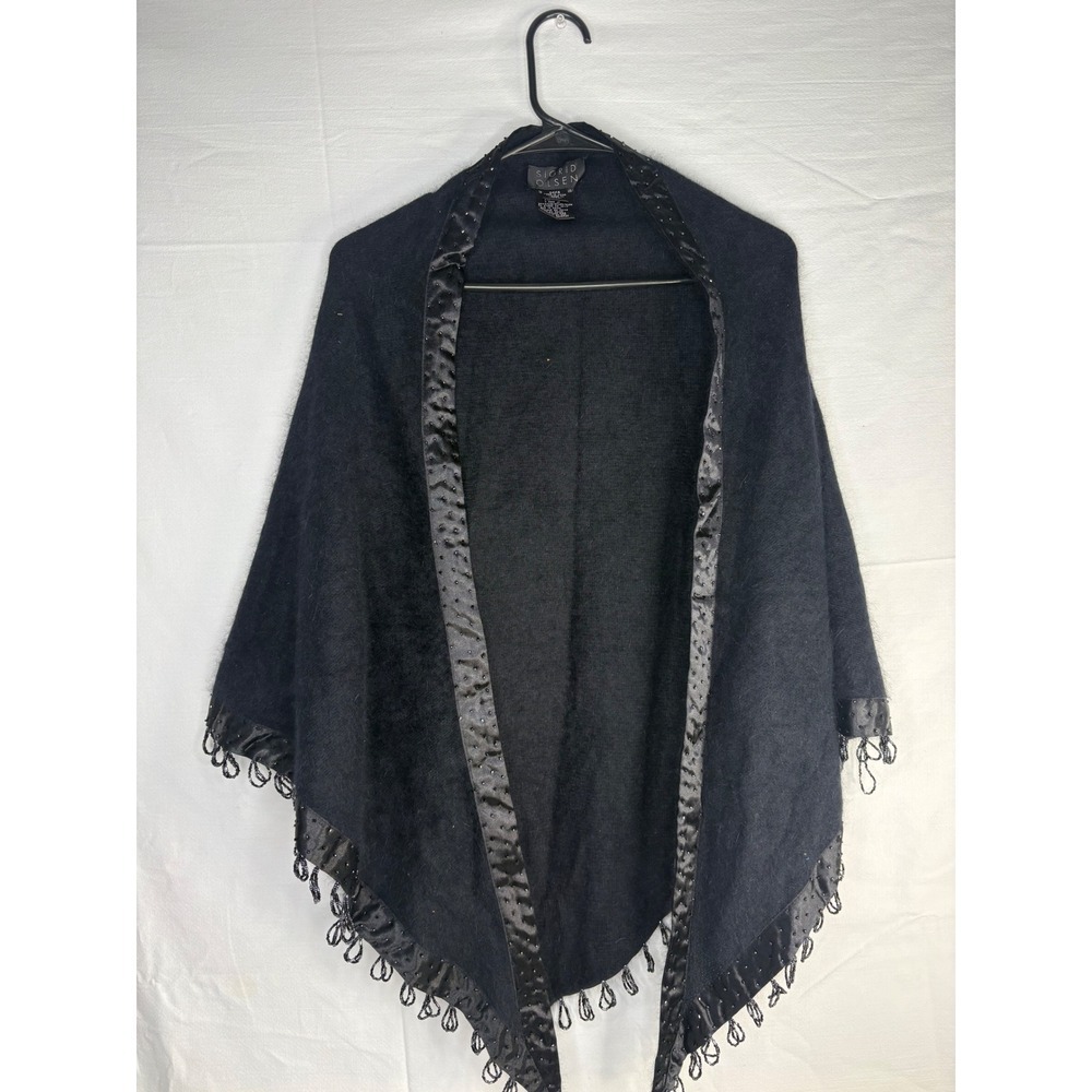 Sigrid Olsen Black Angora rabbit Blend Beaded Satin Trim Wrap Shawl OSFA 71 Inch